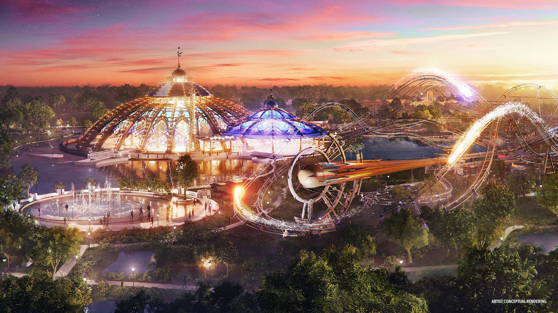 concept art for the starfall roller coaster with two domes and lit up track